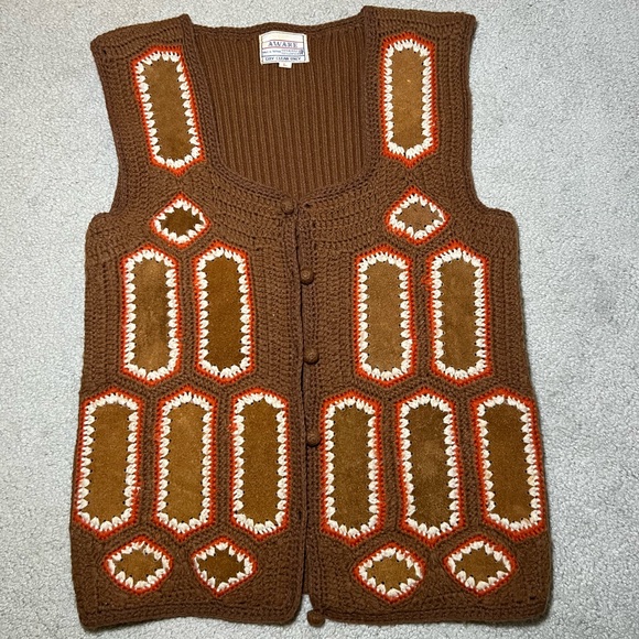 Jackets & Blazers - True Vintage Retro 70s Leather Patch Crochet Knit Vest by Aware Size Large